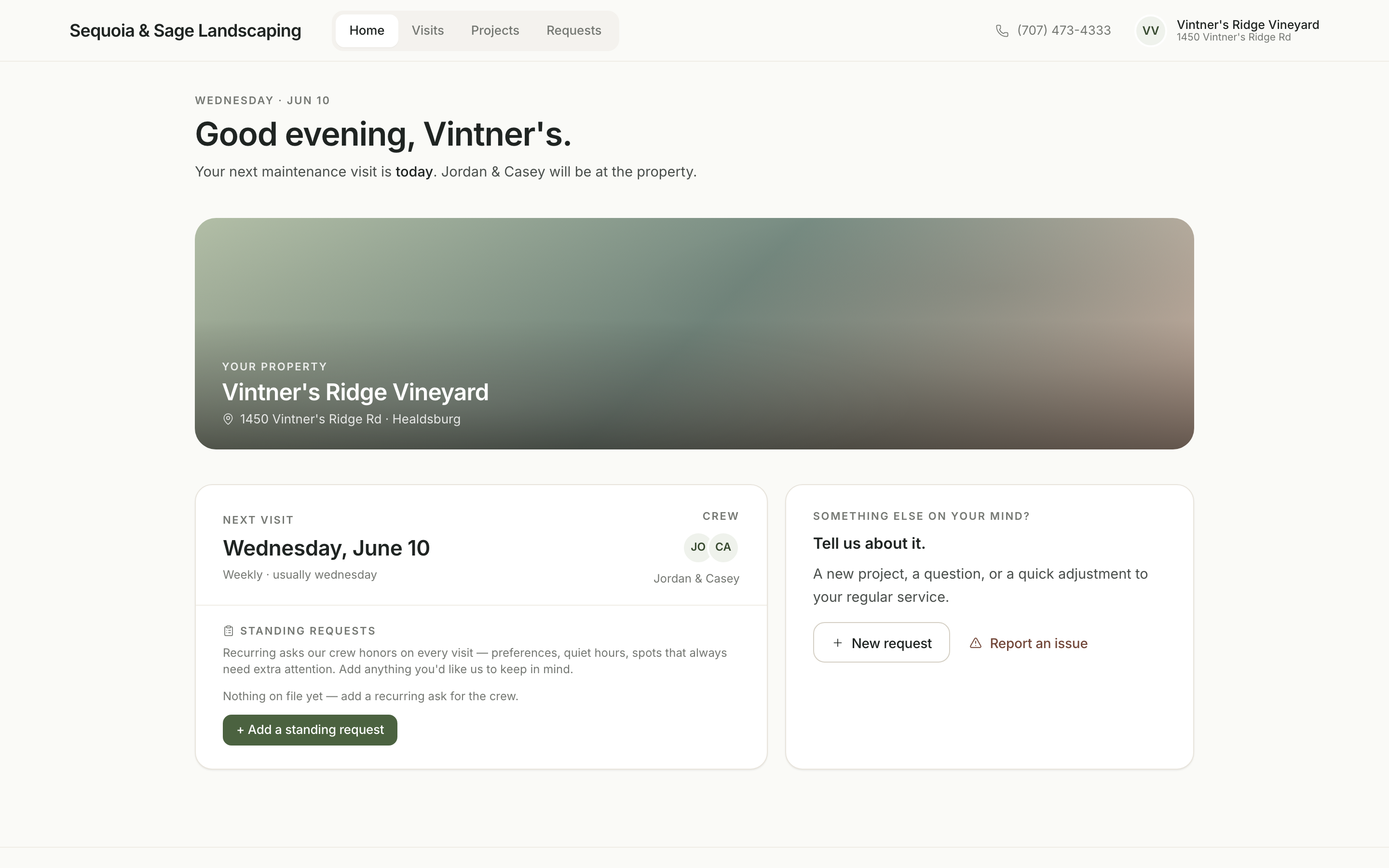 The Daily client portal showing visits, photos, and requests