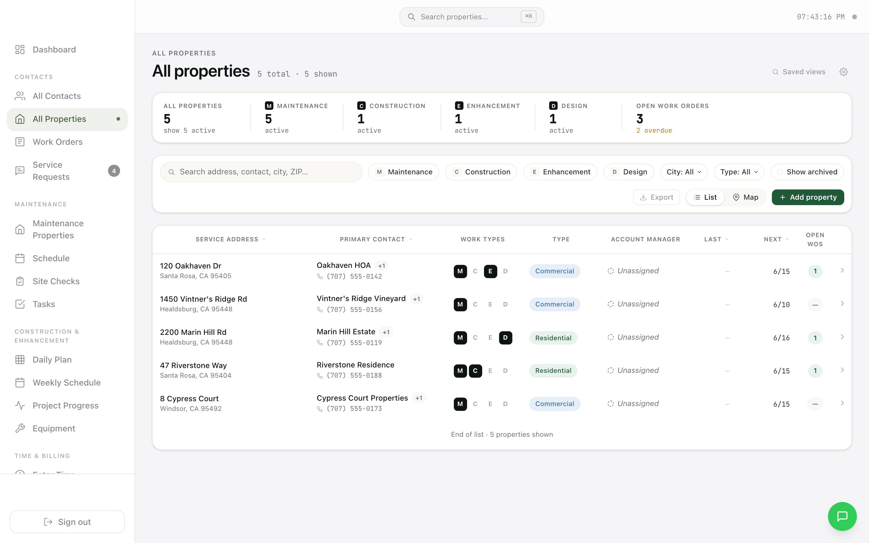 Daily properties index with work types, contacts, and open work orders
