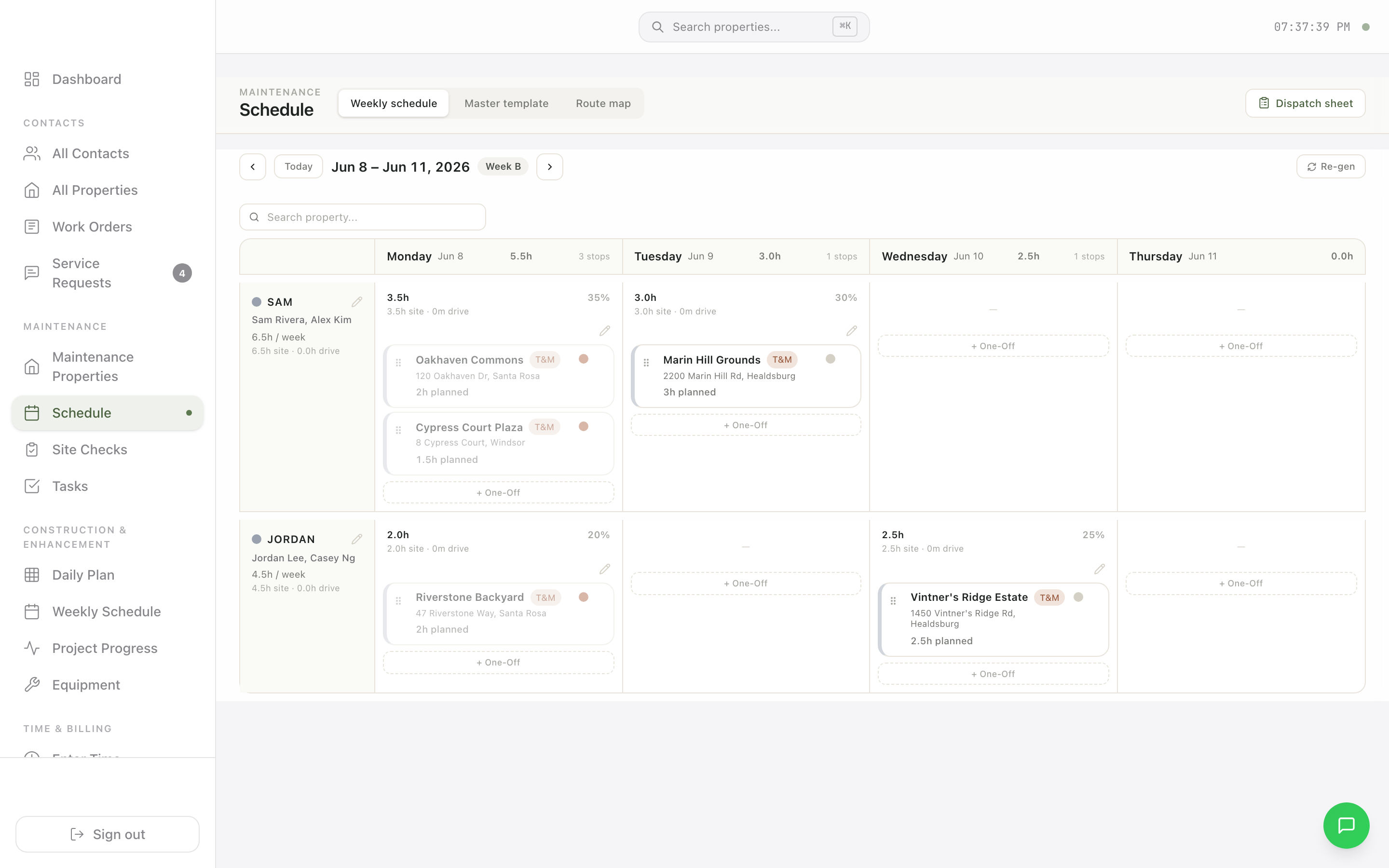 Weekly maintenance routes and the construction planning board in Daily
